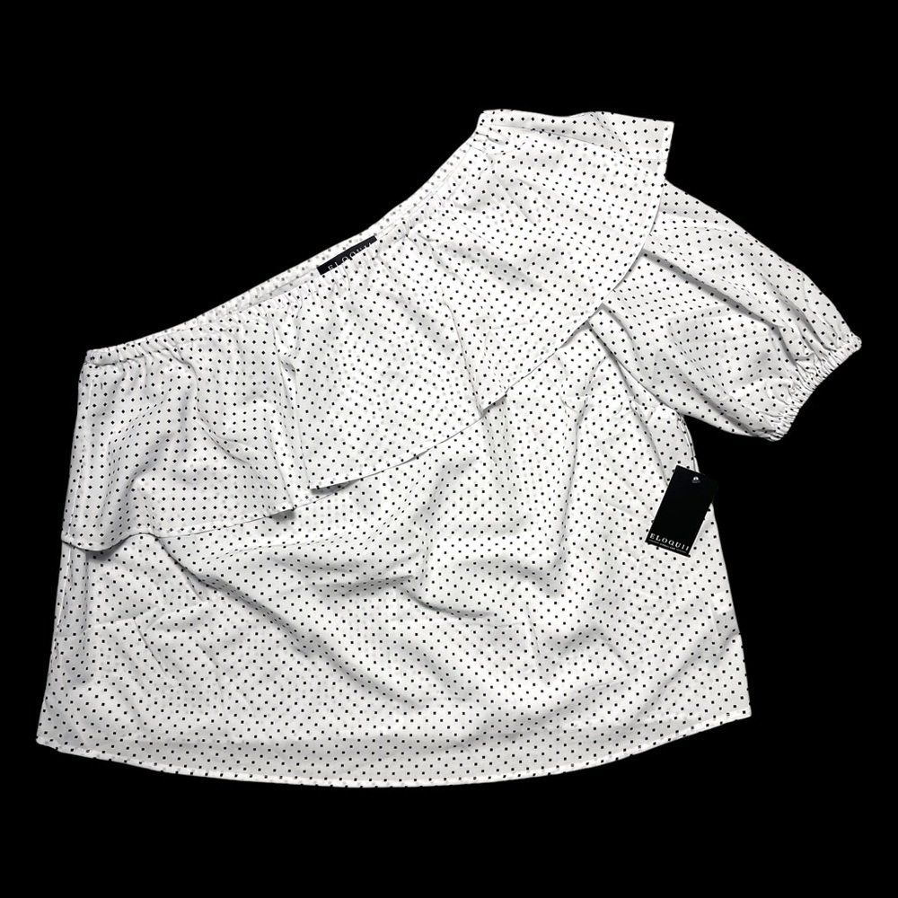 Eloquii White and Black Polka Dot One Shoulder Blouse 18